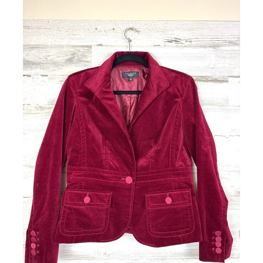 Talbots Women’s 8P Red Velvet Fitted Button-Up Blazer Jacket Holiday Christmas